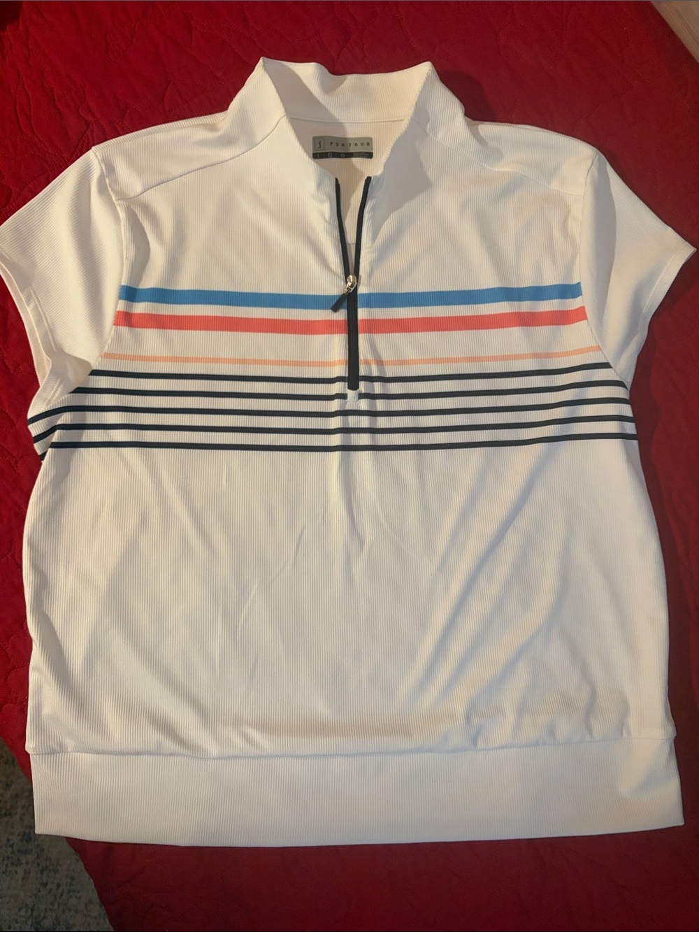 PGA Tour White Short-Sleeve Zip Polo with Blue and Coral Stripes